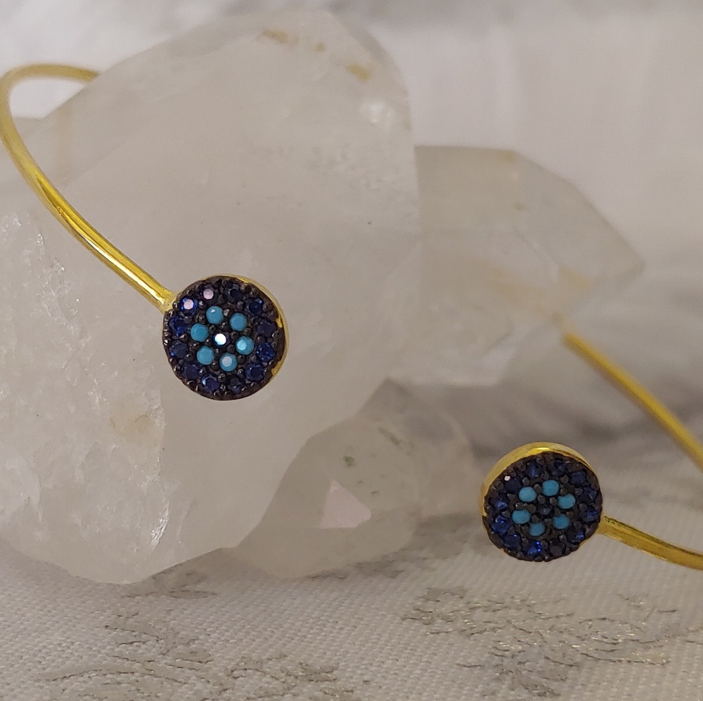 Dainty Italian Gold Sterling Teal Bangle Bracelet - Picture 2 of 8